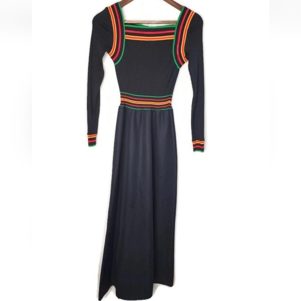 1970s Jonathan Logan Ribbed Bodice Vintage Maxi Dress in Black Size 7